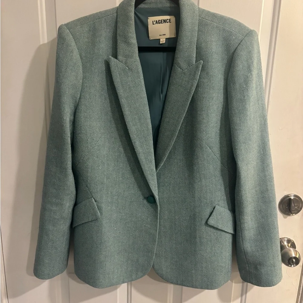L'AGENCE Chamberlain Herringbone Mint Blue Green Blazer - Picture 6 of 15
